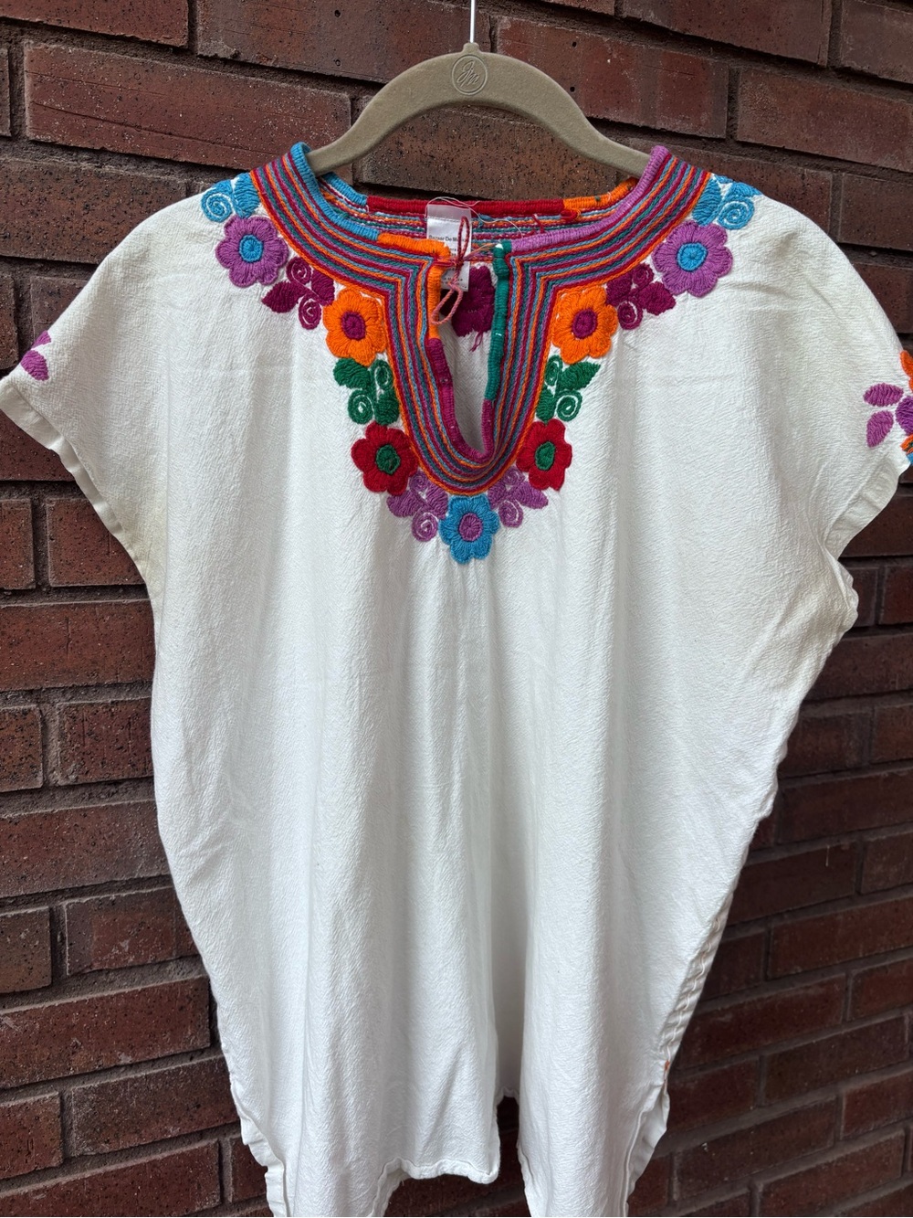 Hand Embroidered Floral Tunic Top - White with Multicolor Accents